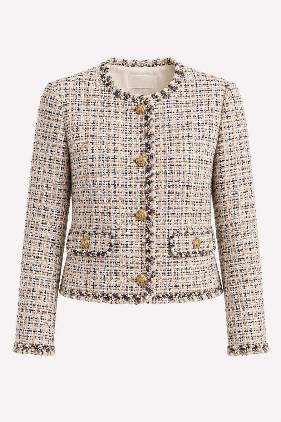 Veste en tweed Albane écru chiné, boutons dorés, vue à plat