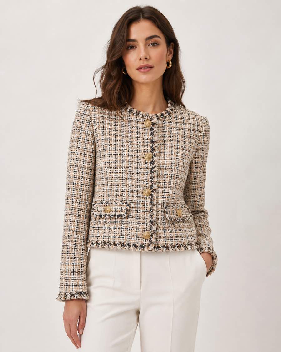 Veste en tweed Albane portée avec un pantalon écru